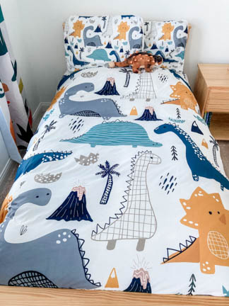 light wooden twin bed frame with watercolor dinosaur pattern bedding