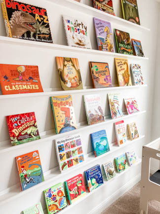 white art ledges stacked uniformly on white wall, displaying children's dinosaur books